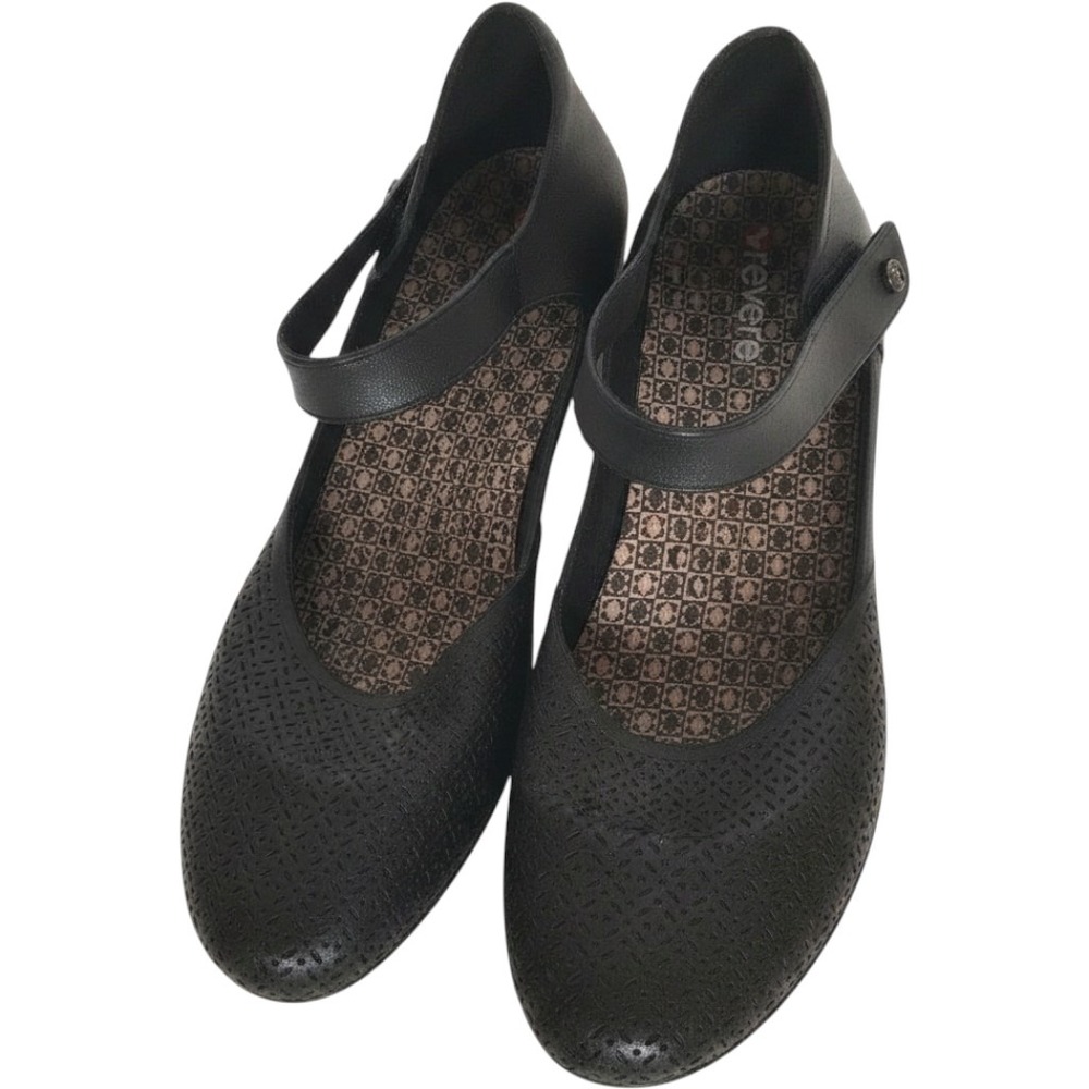 Revere Osaka Black Laser Cut Leather Mary Jane Wedge Shoes Womens 10M